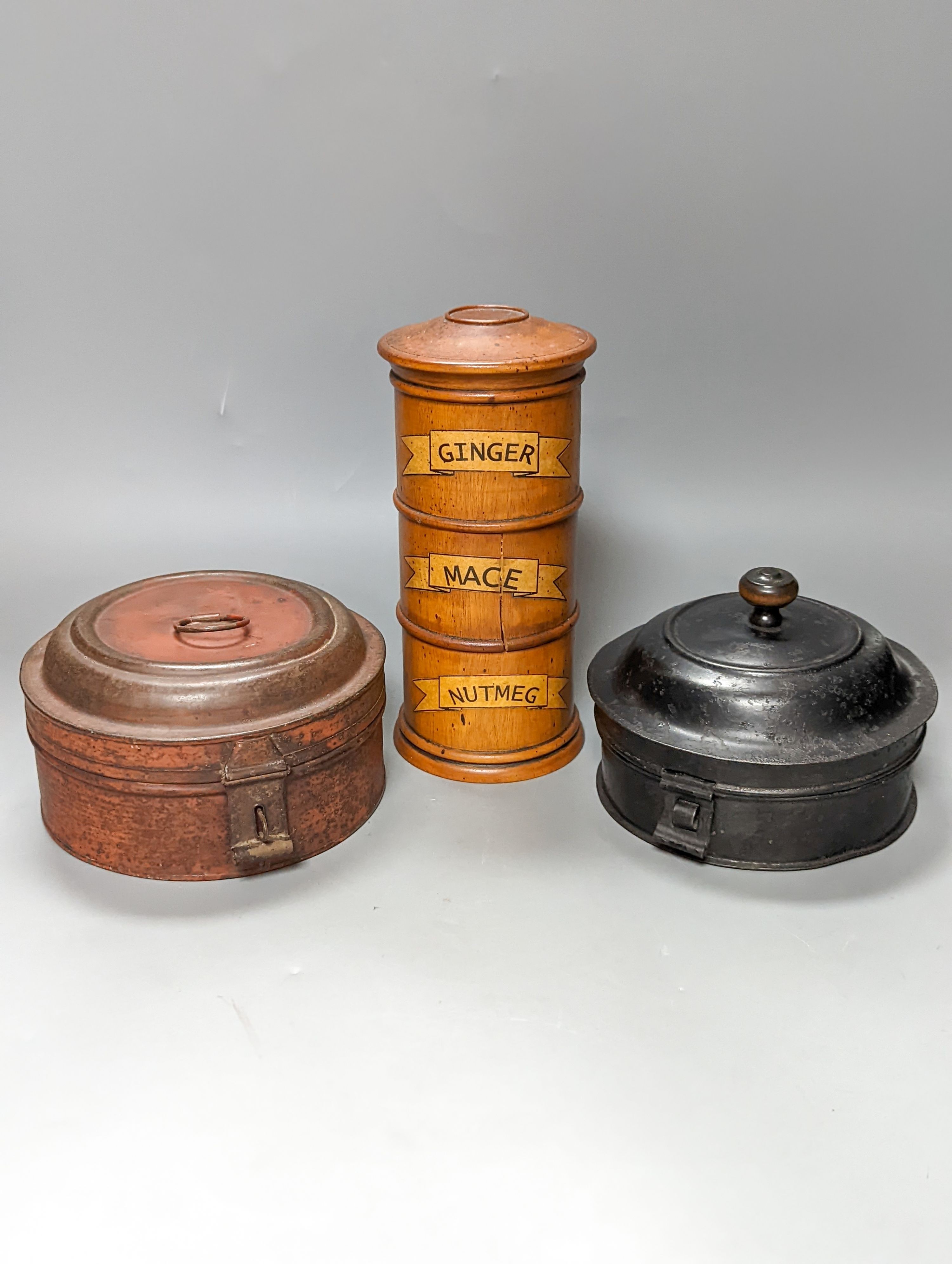 Two toleware spice box and cover and a reproduction compartmental spice box 22cm